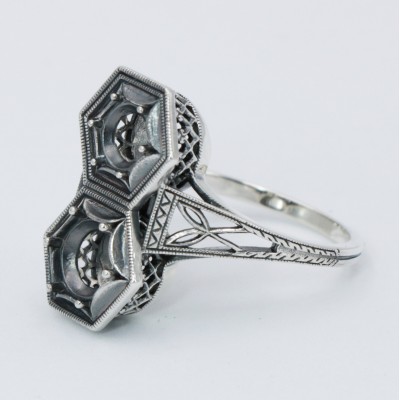 Art Deco Two Stone 5mm & 6mm Sterling Silver Semi Mount Filigree Ring - FR-1839-SEMI
