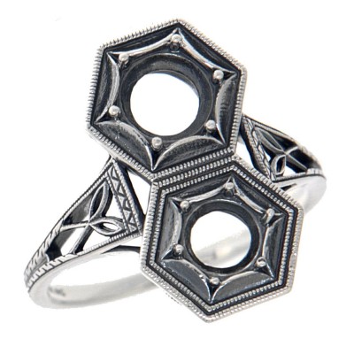Art Deco Two Stone 5mm & 6mm Sterling Silver Semi Mount Filigree Ring - FR-1839-SEMI