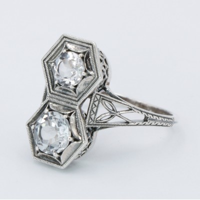 Art Deco Two Stone White Topaz Ring with 5mm & 6mm Gemstones Sterling Silver Filigree Ring - FR-1839-WT