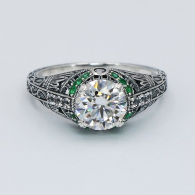 Art Deco Style White Topaz Filigree Ring Green Emerald Accents Sterling Silver - FR-1841-E-WT