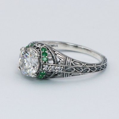 Art Deco Style White Topaz Filigree Ring Green Emerald Accents Sterling Silver - FR-1841-E-WT