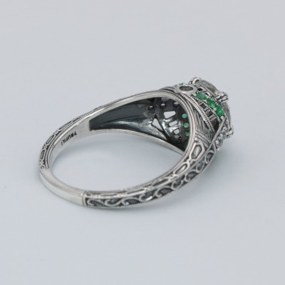 Art Deco Style White Topaz Filigree Ring Green Emerald Accents Sterling Silver - FR-1841-E-WT