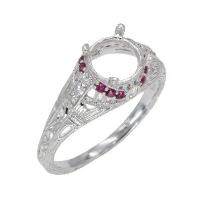 Art Deco Semi Mount For 7mm Filigree Ring Natural Diamond and Ruby Accents 14kt White Gold - FR-1841-R-D-SEMI-WG