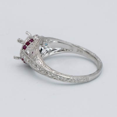Art Deco Semi Mount For 7mm Filigree Ring Natural Diamond and Ruby Accents 14kt White Gold - FR-1841-R-D-SEMI-WG