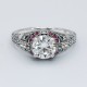 Art Deco Style White Topaz Filigree Ring Natural Red Ruby Accents Sterling Silver - FR-1841-R-WT