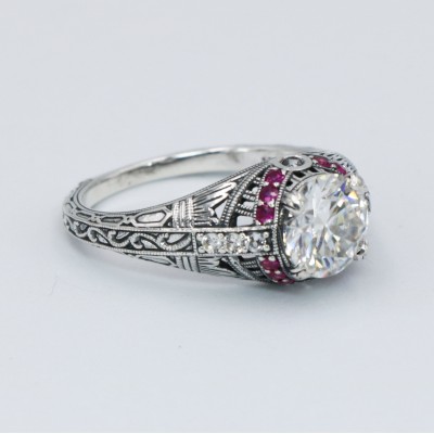 Art Deco Style White Topaz Filigree Ring Natural Red Ruby Accents Sterling Silver - FR-1841-R-WT