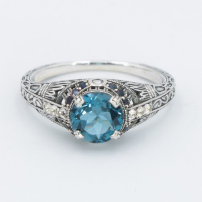 Art Deco Style 7mm London Blue Topaz Filigree Ring w/ Sapphire and Topaz accents Sterling Silver - FR-1841-S-LBT