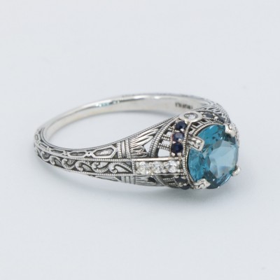 Art Deco Style 7mm London Blue Topaz Filigree Ring w/ Sapphire and Topaz accents Sterling Silver - FR-1841-S-LBT