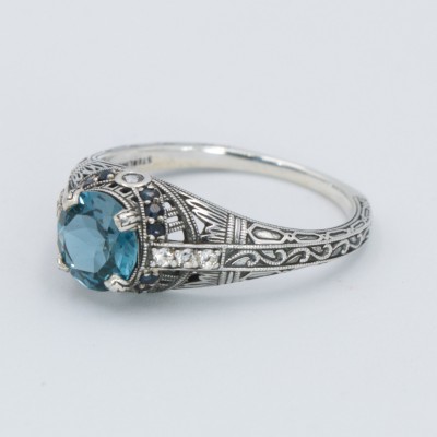 Art Deco Style 7mm London Blue Topaz Filigree Ring w/ Sapphire and Topaz accents Sterling Silver - FR-1841-S-LBT