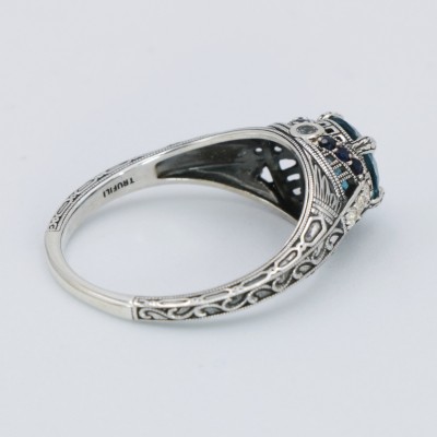 Art Deco Style 7mm London Blue Topaz Filigree Ring w/ Sapphire and Topaz accents Sterling Silver - FR-1841-S-LBT
