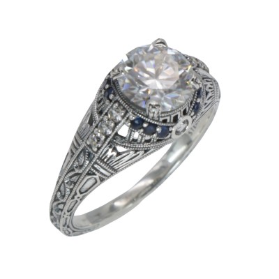 Art Deco Style Moissanite Filigree Ring Blue Sapphire and White Topaz Accents Sterling Silver - FR-1841-S-MOS