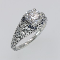 Art Deco Style White Topaz Filigree Ring w/ Blue Sapphire Sterling Silver