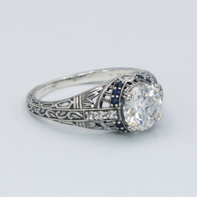 Art Deco Style White Topaz Filigree Ring w/ Blue Sapphire Sterling Silver - FR-1841-S-WT