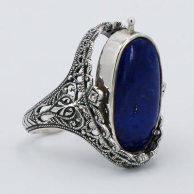 Victorian Style Lapis Diamond and Onyx Filigree Flip Ring Sterling Silver - FR-192-O-L