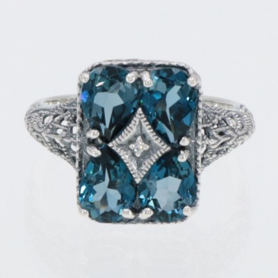 Art Deco Style London Blue Topaz with Diamond Accent Filigree Ring - Sterling Silver - FR-237-LBT