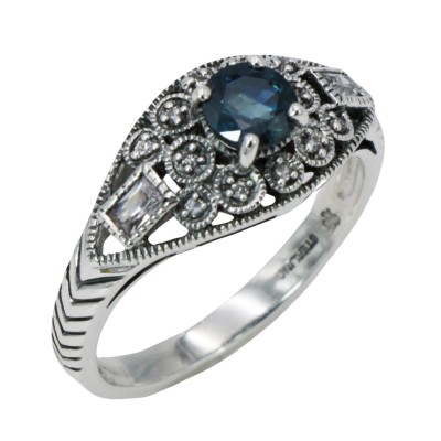 Art Deco Style Filigree London Blue Topaz and White Topaz Ring Sterling Silver - FR-3-LBT-WT
