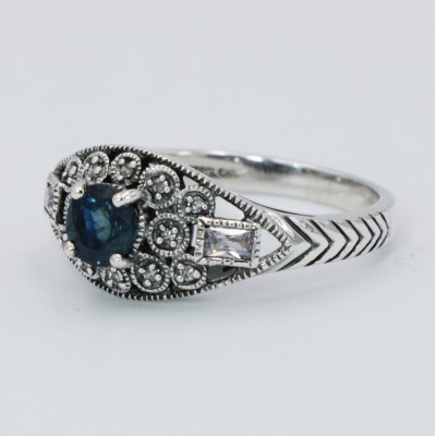 Art Deco Style Filigree London Blue Topaz and White Topaz Ring Sterling Silver - FR-3-LBT-WT