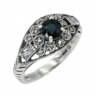Art Deco Style Filigree Natural Blue Sapphire and White Topaz Ring Sterling Silver - FR-3-S-WT