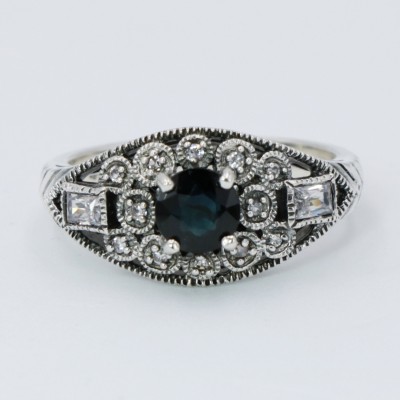Art Deco Style Filigree Natural Blue Sapphire and White Topaz Ring Sterling Silver - FR-3-S-WT