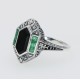 Art Deco Style Black Onyx - Emerald and Diamond Filigree Ring Sterling Silver - FR-744-O-E