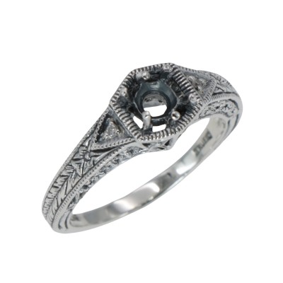 Semi Mount for a 4.5mm Gemstone Victorian Filigree Ring w/ 2 Diamonds - Sterling Silver - FR-761-SEMI