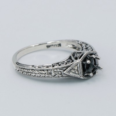 Semi Mount for a 4.5mm Gemstone Victorian Filigree Ring w/ 2 Diamonds - Sterling Silver - FR-761-SEMI