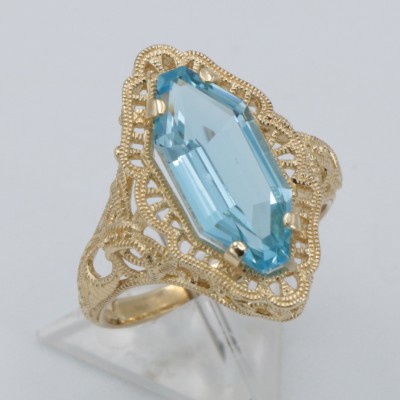 Art Deco Style Swiss Blue Topaz Filigree Ring - 14kt Yellow Gold - FR-776-SBT-YG