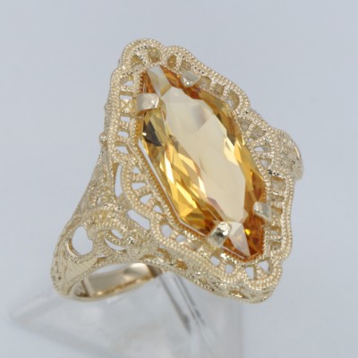 Art Deco Style Natural 3.9 Carat Citrine Filigree Ring - 14kt Yellow Gold - FR-776-C-YG