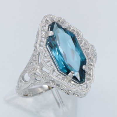 Art Deco Style Octagonal Marquise Cut London Blue Topaz Filigree Ring - 14kt White Gold - FR-776-LBT-WG