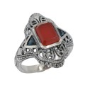 Art Deco Red Carnelian Filigree Ring Sapphire Accents Sterling Silver