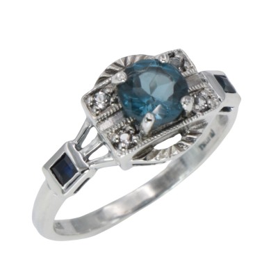 Sterling Silver London Blue Topaz / Sapphire & White Topaz Filigree Ring Art Deco Style - FR-79-LBT