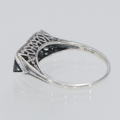 Art Deco Style Semi Mount (3mm) Filigree Ring  Sapphire Accents Sterling Silver - FR-879-SEMI-S