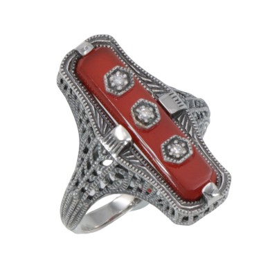 Art Deco Style Red Carnelian Filigree Ring 3 Diamond Accents Sterling Silver - FR-904-CAR