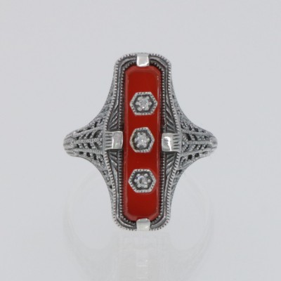 Art Deco Style Red Carnelian Filigree Ring 3 Diamond Accents Sterling Silver - FR-904-CAR