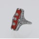Art Deco Style Red Carnelian Filigree Ring 3 Diamond Accents Sterling Silver - FR-904-CAR