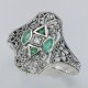 Art Deco Style Filigree Diamond Ring w/ 4 Blue Sapphires - Sterling Silver - FR-931