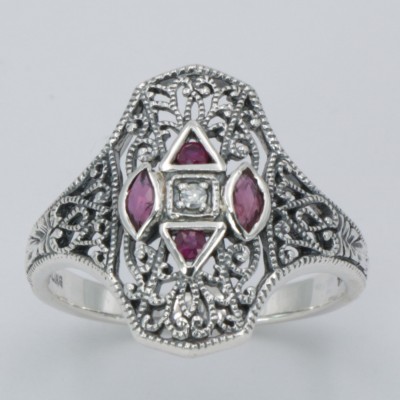 Art Deco Style Filigree Diamond Ring w/ 4 Natural Rubies - Sterling Silver - FR-931-R