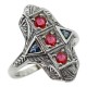 Art Deco Style 3 Stone Natural Red Ruby and Sapphire Ring Sterling Silver - FR-1008-R-S