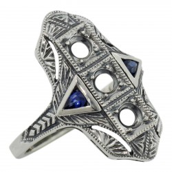 Art Deco Style Semi Mount Ring w/ Sapphire Accents - Sterling Silver