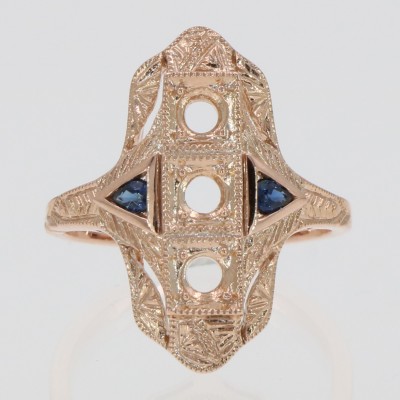Art Deco Style Semi Mount Ring Ready for 3-3mm Round Gemstones w/ Sapphire Accents - 14kt Rose Gold - FR-1008-SEMI-RG