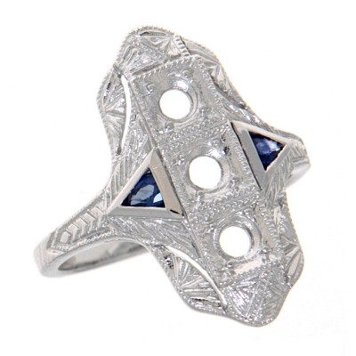 Art Deco Style Semi Mount Ring w/ Sapphire Accents - 14kt White Gold - FR-1008-SEMI-S-WG
