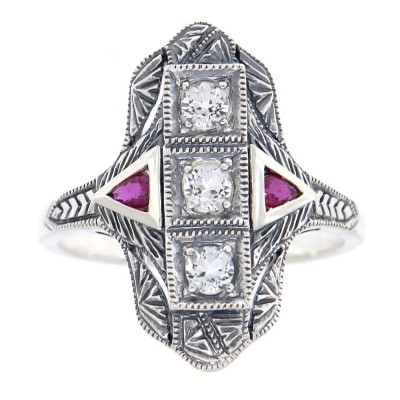 Art Deco Style Filigree Ring White Topaz with Ruby Accents Sterling Silver - FR-1008-WT-R