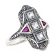 Art Deco Style Filigree Ring White Topaz with Ruby Accents Sterling Silver - FR-1008-WT-R