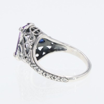 Art Deco Style Amethyst Filigree Ring w/ Sapphire Accents - Sterling Silver - FR-1009-AM-S