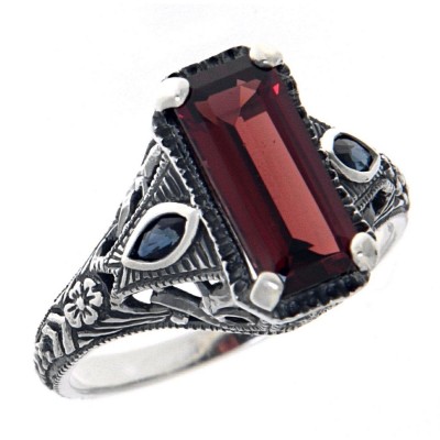 Art Deco Style Garnet Filigree Ring w/ Sapphire Accents - Sterling Silver - FR-1009-G-S