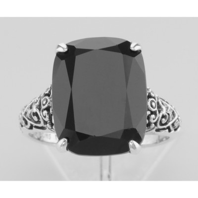 Antique Style Black Onyx Filigree Ring - Sterling Silver - FR-101-O