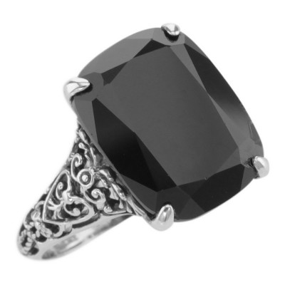 Antique Style Black Onyx Filigree Ring - Sterling Silver - FR-101-O