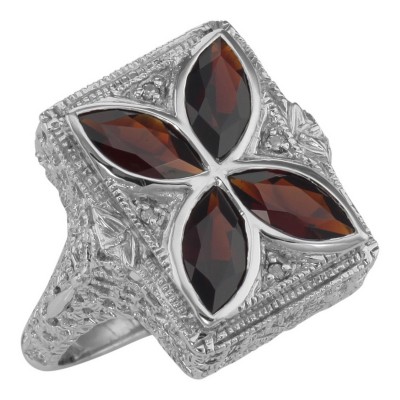 Art Deco Style 4 Stone Garnet  Diamond Ring - Sterling Silver - FR-1015-G