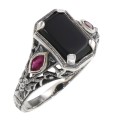Art Deco Style Black Onyx Filigree Ring w/ Ruby Accents - Sterling Silver