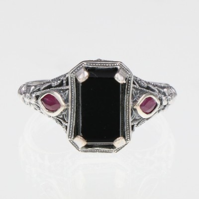 Art Deco Style Black Onyx Filigree Ring w/ Ruby Accents - Sterling Silver - FR-1081-O-R